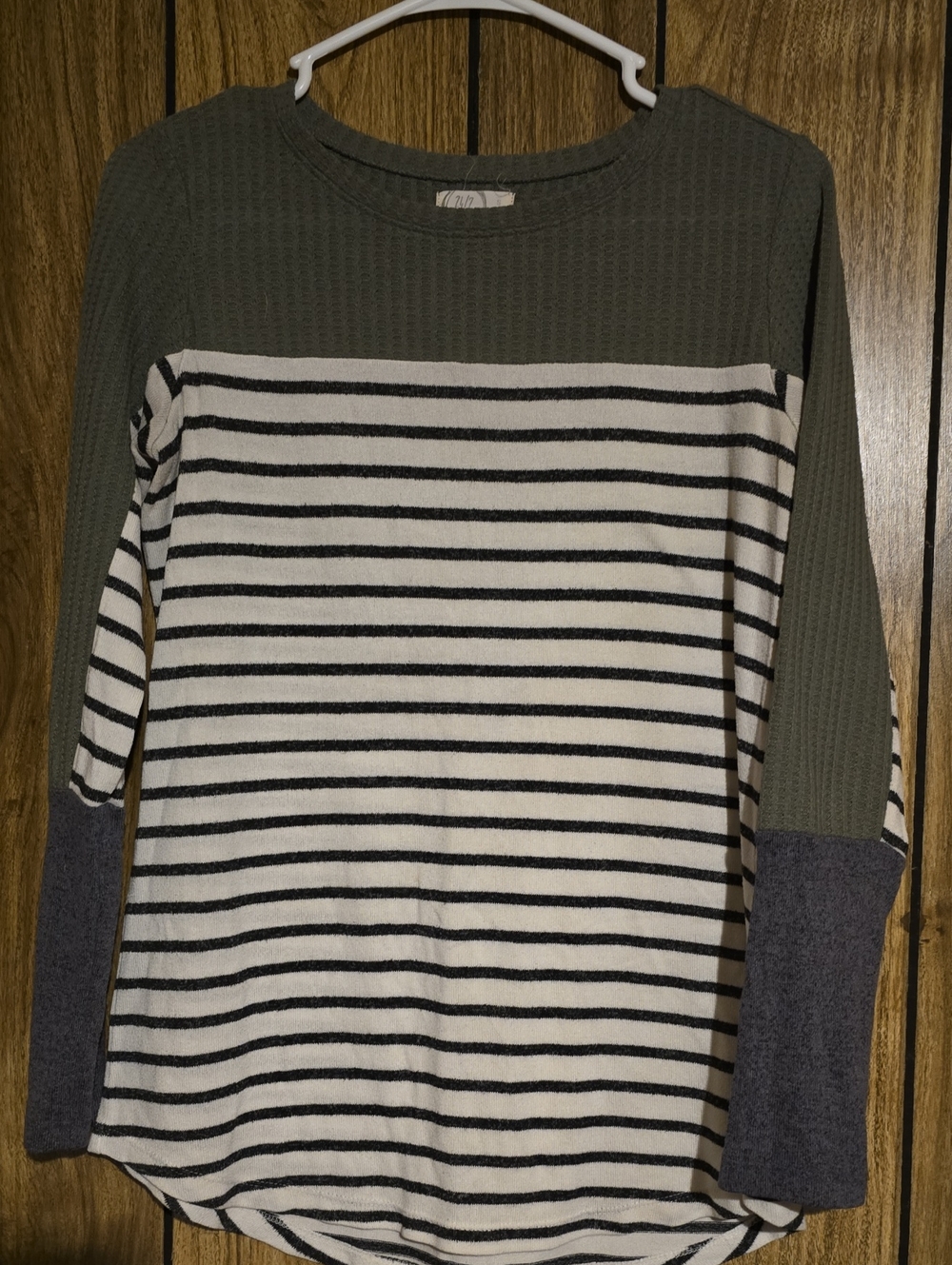 Waffle Knit Olive Top with Cream Tag Detail